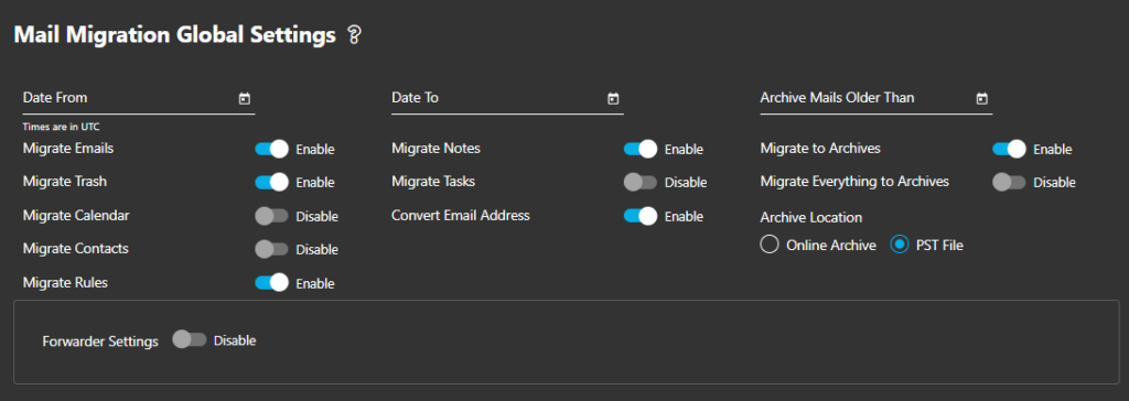 Maill Migration global Settings